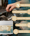 White Lithium Based Grease For Garage Door Tracks, Hinges And Sliding Mechanisms, Bearings And Gears Lubricant For Automotive, Marine, Industrial And Household Use, Heavy Duty EP Performance, NLGI Grade 2, 5 Oz. alongside gears illustrating applications.
