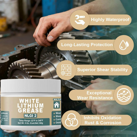 White Lithium Based Grease For Garage Door Tracks, Hinges And Sliding Mechanisms, Bearings And Gears Lubricant For Automotive, Marine, Industrial And Household Use, Heavy Duty EP Performance, NLGI Grade 2, 5 Oz. alongside gears illustrating applications.