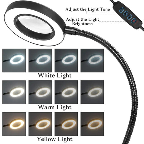 LED light settings on Soldering Magnifying Glass With Four Arm Magnetic Holder And 3X LED Light, showing white, warm, and yellow tones.