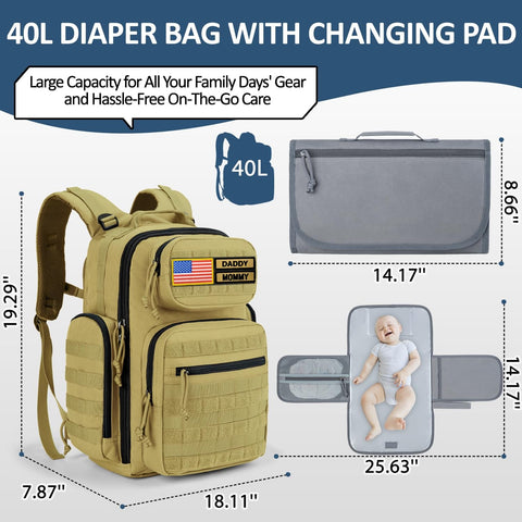 Military Style Diaper Backpack With Large Changing Pad And Insulated Compartments For Active Dads On The Go, Tan, 40L Capacity