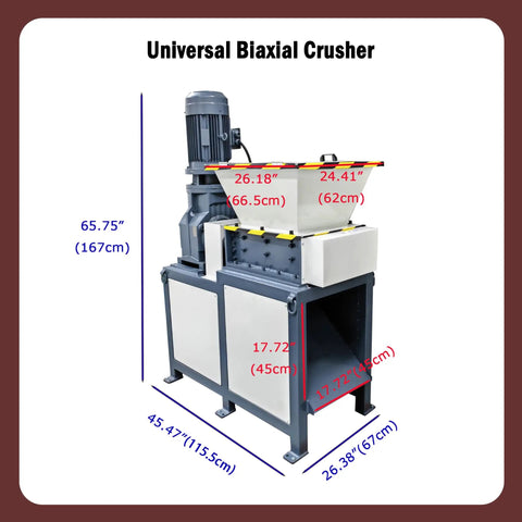 Beast 220V Universal Biaxial Metal Shredder Crusher with dimensions and labeled design, heavy steel body, 7500W motor, 19 blades