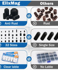Hella Durable 1130 Piece Set Screw Assortment Kit Forged From Grade 12.9 Alloy Steel For Heavy Auto Shop Jobs With 32 Metric And SAE Sizes Giving Rock Solid Grip Daily comparison images of anti-rust screws, assorted sizes, and labeled packaging.