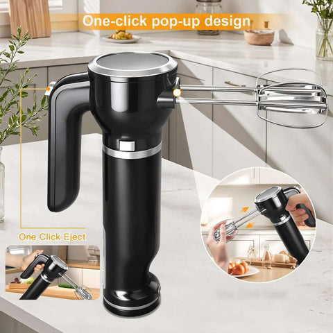 Electric Hand Mixer And Immersion Blender With Six Attachments Including Wire Whisk Milk Frother And Food Chopper Heavy Duty Handheld Kitchen Tool is shown on a kitchen counter.