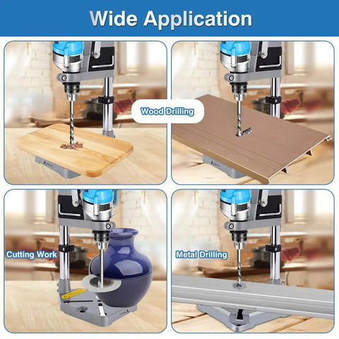 Universal Drill Press Stand For Hand Drills Adjustable Benchtop Clamp Mount in use for wood, cutting, and metal drilling