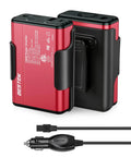 Premium Tailgate Ready 150W Car Power Inverter With Dc To Ac Converter in red and black, with a visible car adapter plug.