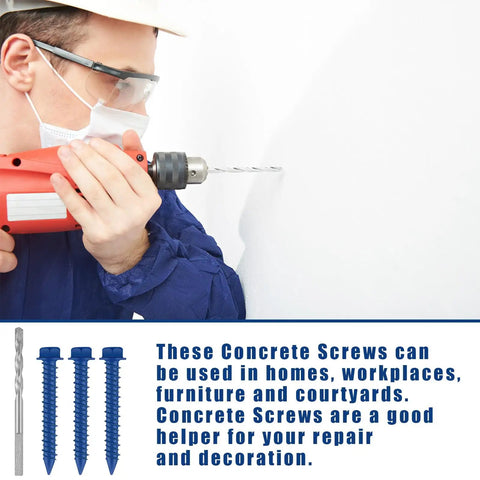 Person using drill with 200-Piece Pro Grade Heavy Duty Set Of 1/4 By 1-3/4 Inch Hex Head Concrete Screws With Two 3/16 Inch Drill Bits