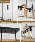 53 Inch Farmhouse Kitchen Island Light Five Light Adjustable Dining Room Wood And Black Metal Chandelier details view