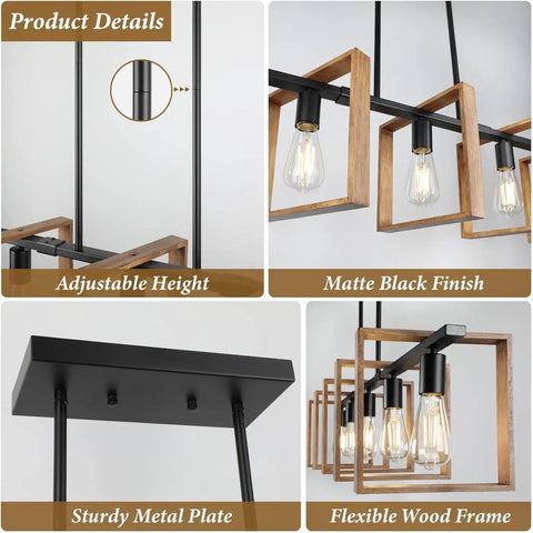 53 Inch Farmhouse Kitchen Island Light Five Light Adjustable Dining Room Wood And Black Metal Chandelier details view
