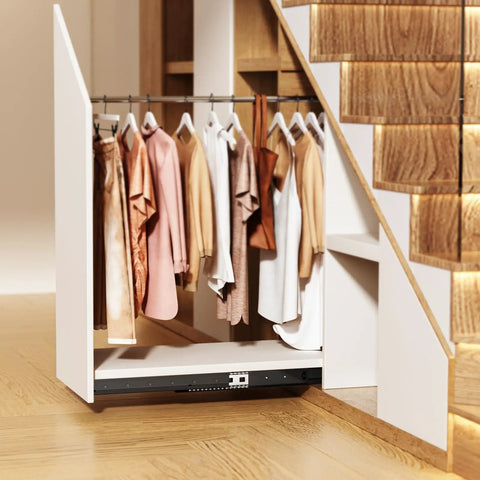 Tough As Nails Undermount Drawer Slides Full Extension Ball Bearing System Designed For Zero Friction Cabinet Travel Rock Solid Weight Support Fast Swap Black Finish with clothes hanging under stairs.