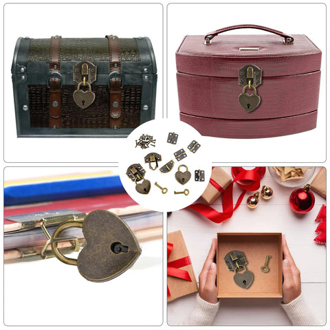 Two Piece Antique Bronze Hasp Latch Set With 27x30mm Hasp Latch And 24x21mm Mini Box Hinges Plus 22x38mm Love Locks With Keys Decorative Lock Buckle shown on various boxes and crafts