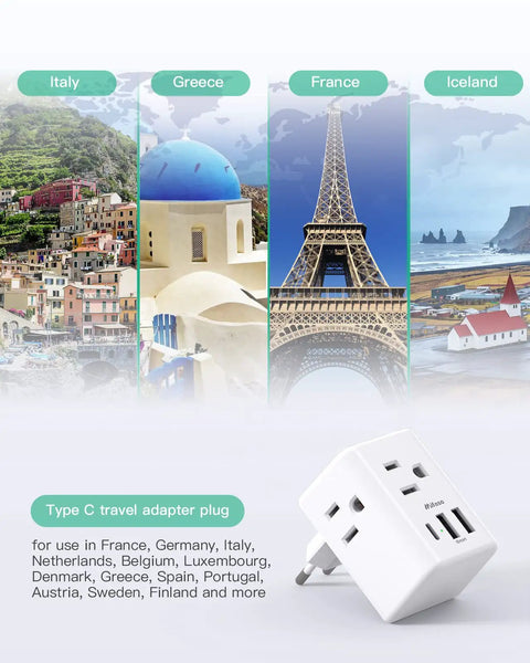 Six In One European Travel Plug Adapter With USB Ports And Type C Power For US To Europe with images of Italy, Greece, France