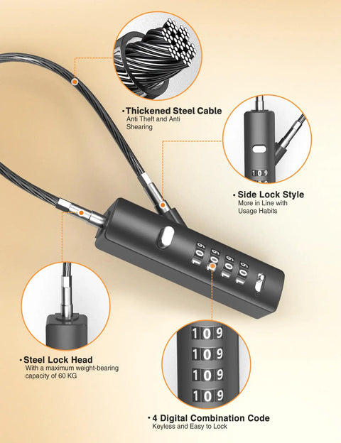 Close-up of 4 Digit Combination Cable Lock Set with 3 replaceable steel cables in grey, showcasing lock head and code.