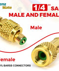 Brass 1/4 in SAE refrigerant charging hose fittings; male and female ends with green seals; 3-color set.