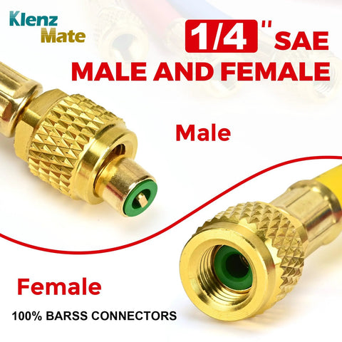 Brass 1/4 in SAE refrigerant charging hose fittings; male and female ends with green seals; 3-color set.