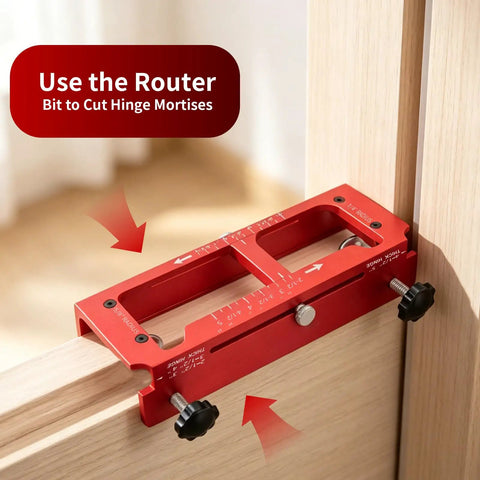 Heavy Duty Door Hinge Jig For Router Rock Solid 6061 Aluminum adjustable mortise template for precise hinge cutouts.