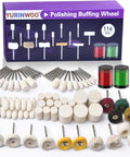 114 Piece Polishing Kit With Two Polishing Compounds And 1 Eighth Inch Shank Buffing Wheels displayed with assorted shapes and sizes.