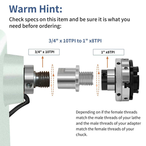 Precision Hardened Steel Woodworking Lathe Headstock Spindle Adapter showing 3/4" x 10 TPI to 1" x 8 TPI connection diagram.
