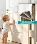 Baby near door with Cute Bear Door Pinch Guard Kit With Silencer Cushions For Baby Proofing Doors installed for safety.