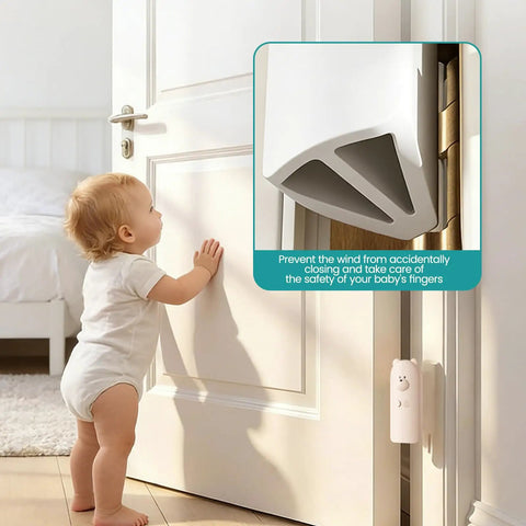 Baby near door with Cute Bear Door Pinch Guard Kit With Silencer Cushions For Baby Proofing Doors installed for safety.
