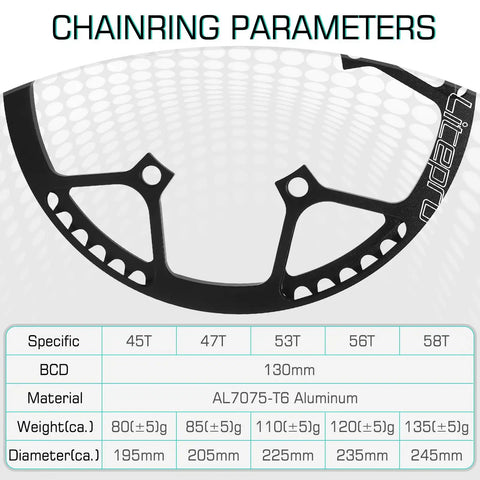 Folding Bike Crankset 170mm 130 BCD Aluminum Alloy Ultralight Chainring Sprocket 45T 47T 53T 56T 58T specifications chart