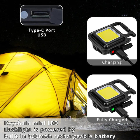 Rechargeable Keychain Flashlight 2 Pack Dope 800 Lumen LED Work Light with Magnetic Clip near a camping tent, shown charging and fully charged.