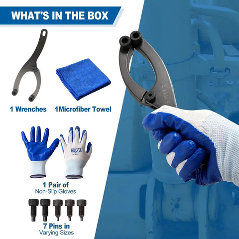 8.3 Inch Heavy Duty Spanner Wrench With Handle For Removing Hydraulic Cylinder Glands Under Five Inches Adjustable Gland Nut Wrench Includes Five Thirty Second Inch Pin One Quarter Inch Pin And Five Sixteenth Inch Pins Gloves And Towel