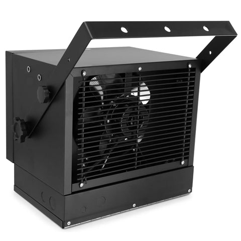 Top Shelf 7500 Watt Hardwired Garage Heater With Smart Remote And Smooth Vertical Horizontal Airflow Matte Black Finish showing front view and fan.