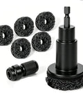 Wheel Hub Resurfacing Kit With Six Cleaning Pads For Rust Removal On Lug Studs And Brake Rotors, tool and pads on white background.