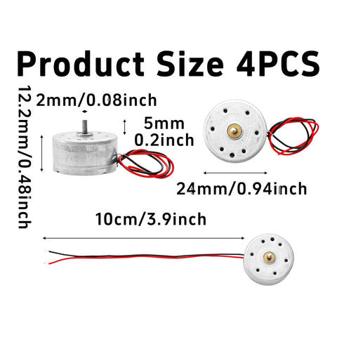 4 Pack Mini DC Motors 3.7V 8500RPM High Speed Electric Motor Kit dimensions with 10cm leads and side view details