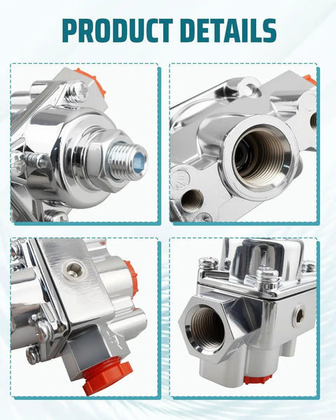 Close-up of Carburetor Fuel Pressure Regulator Kit 1-4 PSI Gauge, aluminum alloy with three eighths inch NPT ports, 1 inlet, 2 outlets.