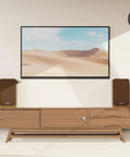 Bookshelf Studio Monitor Speakers 36W RMS Active Bluetooth 5.4 Wireless USB Audio speakers on a wooden console in a living room