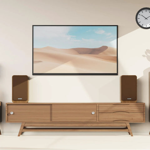 Bookshelf Studio Monitor Speakers 36W RMS Active Bluetooth 5.4 Wireless USB Audio speakers on a wooden console in a living room
