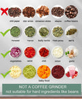 Chart showing suitable ingredients for Electric Herb Grinder For Spice And Dry Herbs With 3.4 Ounce Capacity One Touch Operation