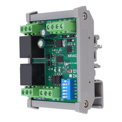 Pro Grade RS485 Relay Module Two Channel Industrial Reset Controller Board With TvS Protection PLC Automation DC 12V front view showing dual relay and wiring terminals.