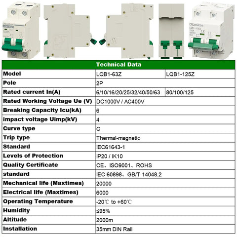 20 Amp DC Solar Breaker Miniature Circuit Breaker Solar Disconnect Switch 1000V DC and 400V AC 2 Pole MCB technical data