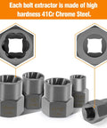 Close-up of Bolt Extractor Set for Stripped Nuts, 3/8 Inch Square Drive, Heavy Duty 41Cr4 Steel, showing multiple size twist sockets.