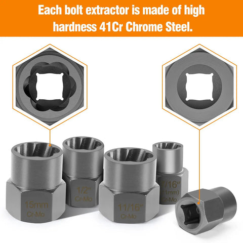 Close-up of Bolt Extractor Set for Stripped Nuts, 3/8 Inch Square Drive, Heavy Duty 41Cr4 Steel, showing multiple size twist sockets.