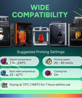 Front view of a row of desktop 3D printers on a green gradient with Wide Compatibility and suggested printing settings.