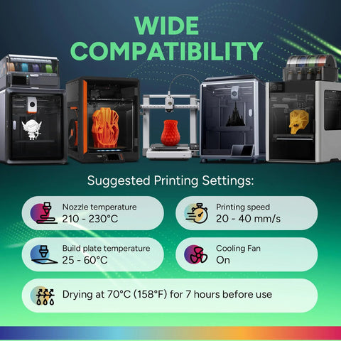 Front view of a row of desktop 3D printers on a green gradient with Wide Compatibility and suggested printing settings.