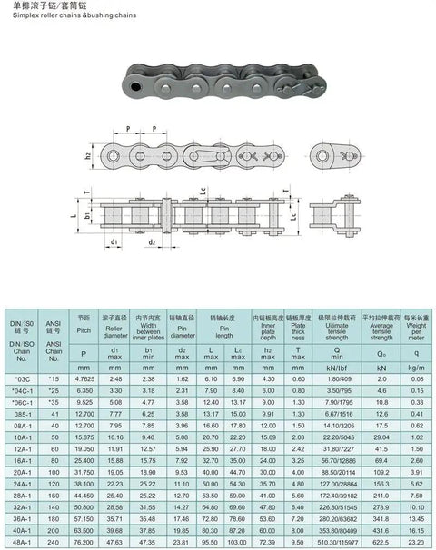 Technical diagram of Heavy Duty 35 Roller Chain With Five Feet Length And One Connecting Link Three Eighths Inch Pitch Black Finish.