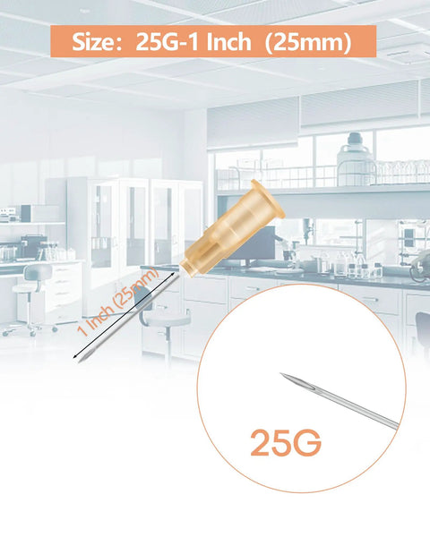Sterile Disposable Injection Needles 25 Gauge 1 Inch Set of 100 with Luer Lock Design, Stainless Steel Body, Individually Wrapped For Med Pros, Nurses, Clinics, And Home Care Use, 25G 1 inch needle