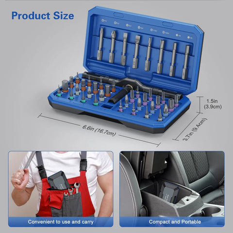 42 In 1 Magnetic Screwdriver Set With Detachable Ratchet Handle in open blue case showing various bits, portable size display.