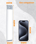 Ultra Thin 30 LED Under Cabinet Lighting With Motion Sensor size comparison with smartphone, 7.87 x 1.65 x 0.4 inches.