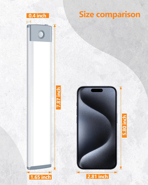 Ultra Thin 30 LED Under Cabinet Lighting With Motion Sensor size comparison with smartphone, 7.87 x 1.65 x 0.4 inches.