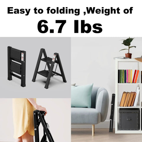 Two Step Aluminum Folding Ladder With Wide Anti Slip Pedals, black finish, shown folded and opened near a shelf and sofa
