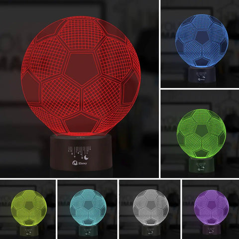 3D Soccer Night Light With Touch Control, 7 Color Changing LED Illusion Lamp showing red, blue, green, and more colors.