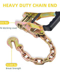 Heavy Duty Car Tie Downs Lock Tight Steel Ratchets Include Six Extra Long Tire Straps Built To Haul Your Rig Locked Down Tight Featuring 10000 Pound Break Strength And Tough Polyester Webbing For Trucks - chain end with 10,000 lb break strength and 3,333 lb safe working load.