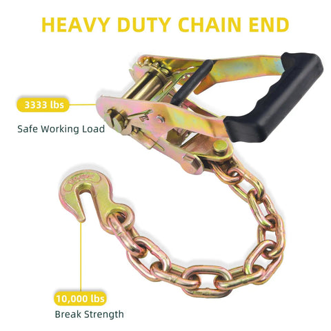 Heavy Duty Car Tie Downs Lock Tight Steel Ratchets Include Six Extra Long Tire Straps Built To Haul Your Rig Locked Down Tight Featuring 10000 Pound Break Strength And Tough Polyester Webbing For Trucks - chain end with 10,000 lb break strength and 3,333 lb safe working load.
