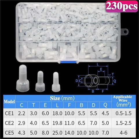 Huge 230Pcs Nylon Closed End Wire Crimp Connectors Kit With CE1 CE2 CE5 Terminals Featuring Premium Insulated Ferrules And Translucent Safety Design For Fast Electrical Fixes And Short Circuit Protection, assorted sizes