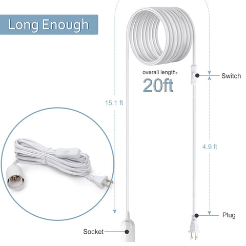 20 Foot UL Approved Hanging Lantern Extension Cord With On Off Switch For E26 E27 Socket 360W Paper Lantern Pendant Light Cable in white